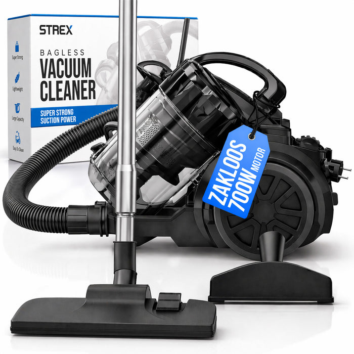 Strex Stofzuiger Zonder Zak - 700W Krachtige Zakloze Stofzuiger - HEPA Filter - 2.5L Stofreservoir - Extra Lang Snoer - Inclusief 4 Opzetstukken