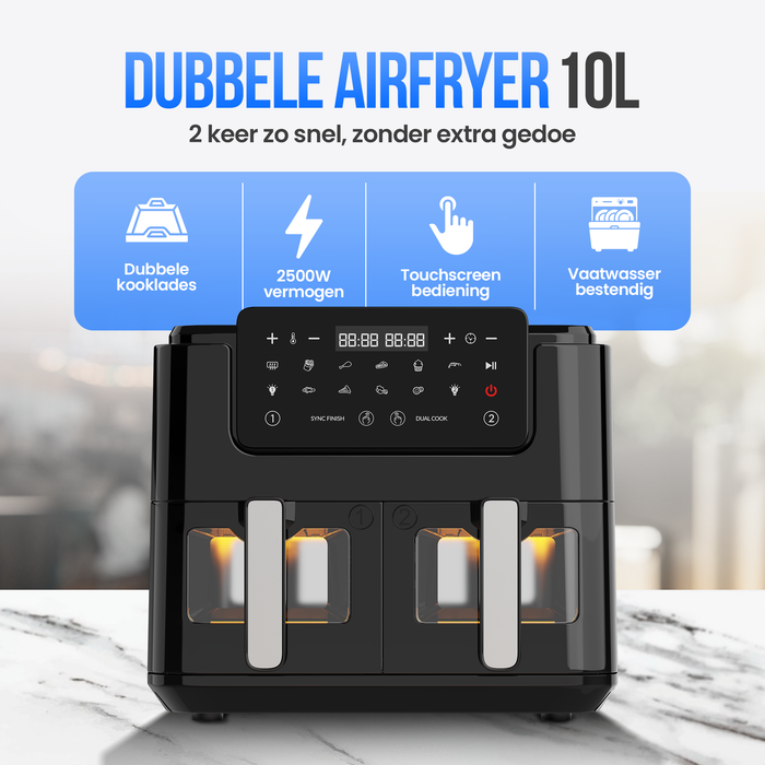 Strex Airfryer XXL - 10L - 2500W - Heteluchtfriteuse - Dubbele Airfryer - 50ºC tot 200ºC - 10 Kookprogramma's - Zwart