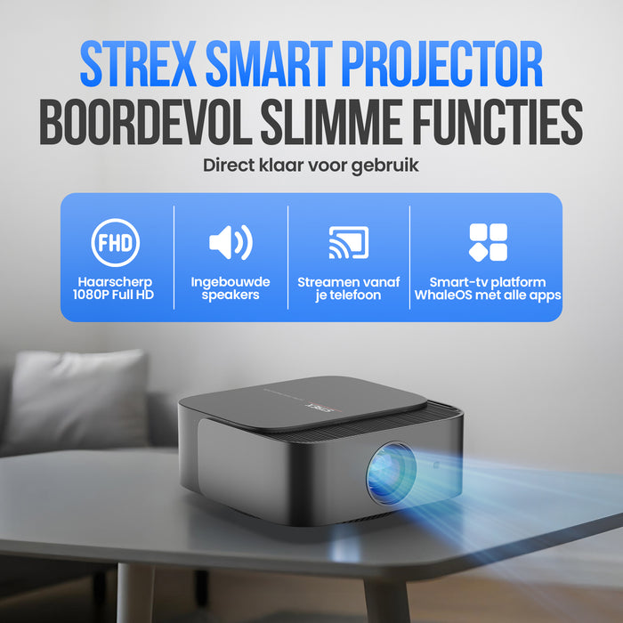 Strex Beamer - Smart 1080P Full HD Projector - 4K Ondersteuning - WiFi & Bluetooth - Ingebouwde Speakers - Draagbare Mini Beamer Thuisbioscoop - WhaleOS - Inclusief Opbergtas & Projectiescherm