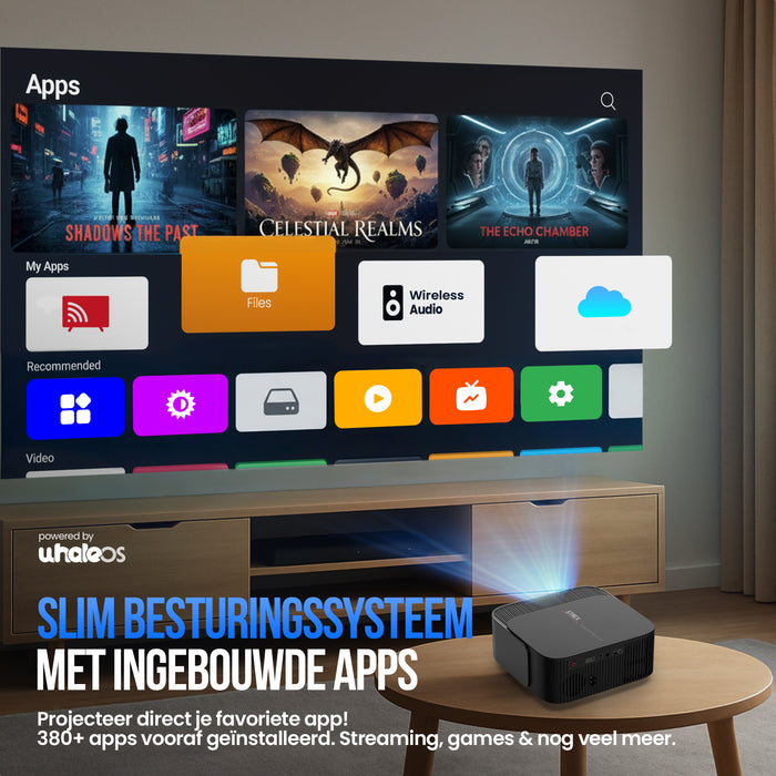 Strex Beamer - Smart 1080P Full HD Projector - 4K Ondersteuning - WiFi & Bluetooth - Ingebouwde Speakers - Draagbare Mini Beamer Thuisbioscoop - WhaleOS - Inclusief Opbergtas & Projectiescherm