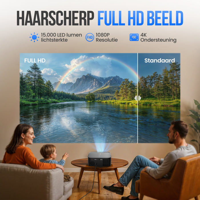 Strex Beamer - Smart 1080P Full HD Projector - 4K Ondersteuning - WiFi & Bluetooth - Ingebouwde Speakers - Draagbare Mini Beamer Thuisbioscoop - WhaleOS - Inclusief Opbergtas & Projectiescherm