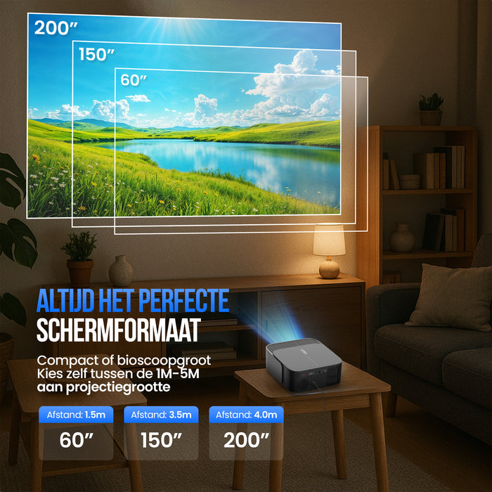 Strex Beamer - Smart 1080P Full HD Projector - 4K Ondersteuning - WiFi & Bluetooth - Ingebouwde Speakers - Draagbare Mini Beamer Thuisbioscoop - WhaleOS - Inclusief Opbergtas & Projectiescherm