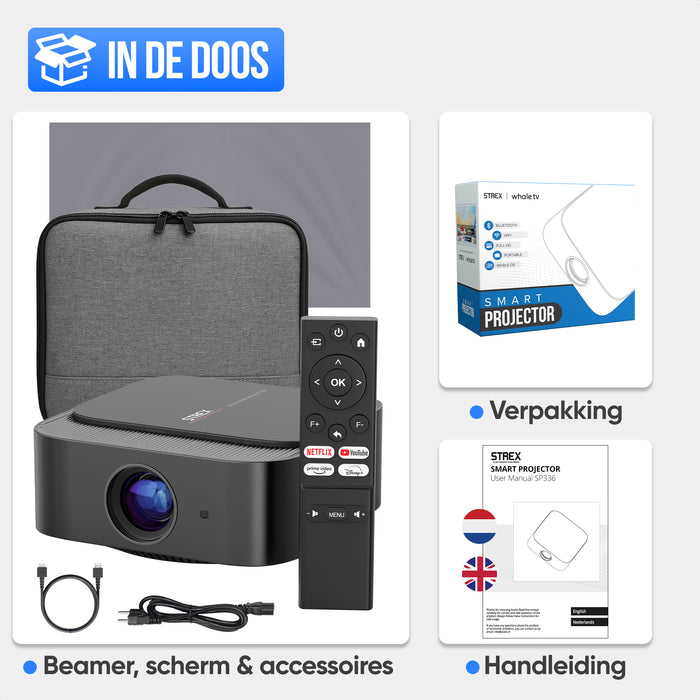 Strex Beamer - Smart 1080P Full HD Projector - 4K Ondersteuning - WiFi & Bluetooth - Ingebouwde Speakers - Draagbare Mini Beamer Thuisbioscoop - WhaleOS - Inclusief Opbergtas & Projectiescherm