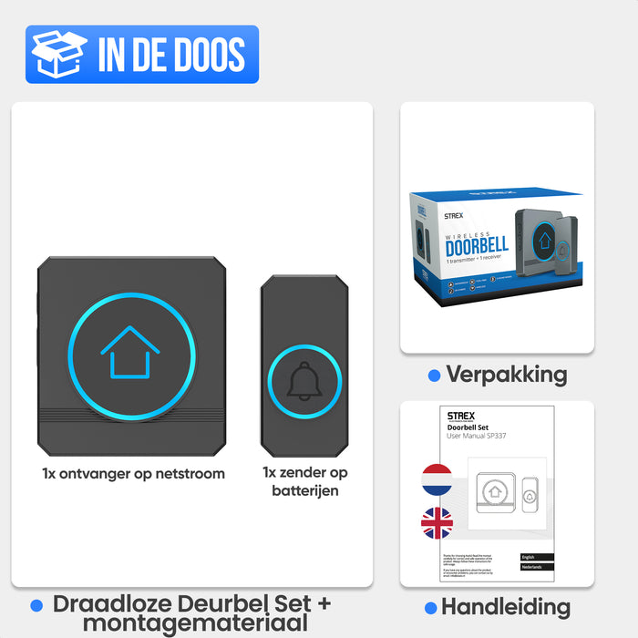 Strex Draadloze Deurbel - Ontvanger op Netstroom - 300m Bereik - 60 Melodieën - Draadloos - Waterbestendig - Zwart