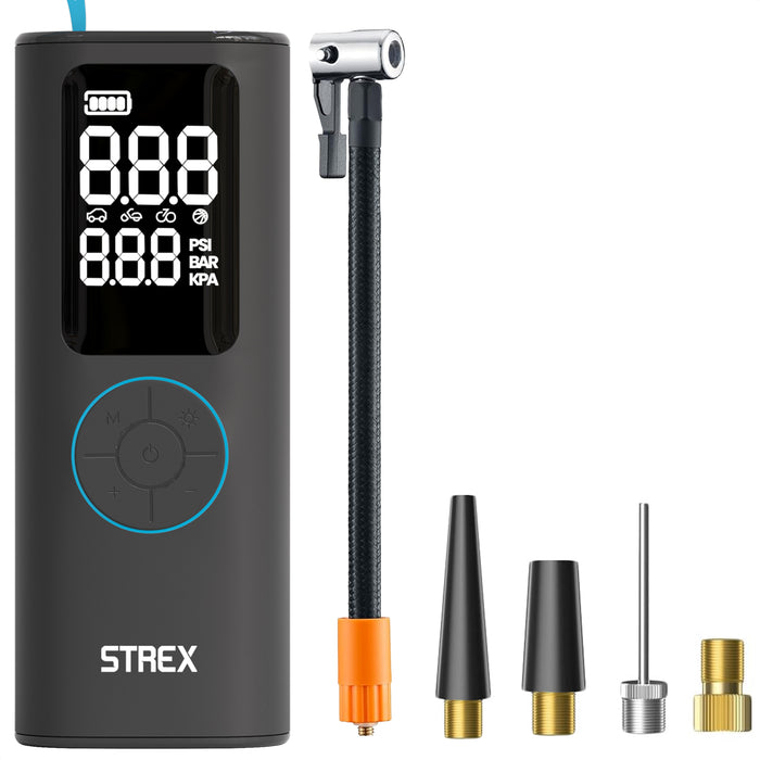 Strex Elektrische Bandenpomp - Draadloze Mini Compressor 3-in-1 - Auto, Fiets, Scooter, Bal & Luchtbed - Tot 10,5 bar / 150 PSI - 30L/min - 8000 mAh Powerbank & Zaklamp