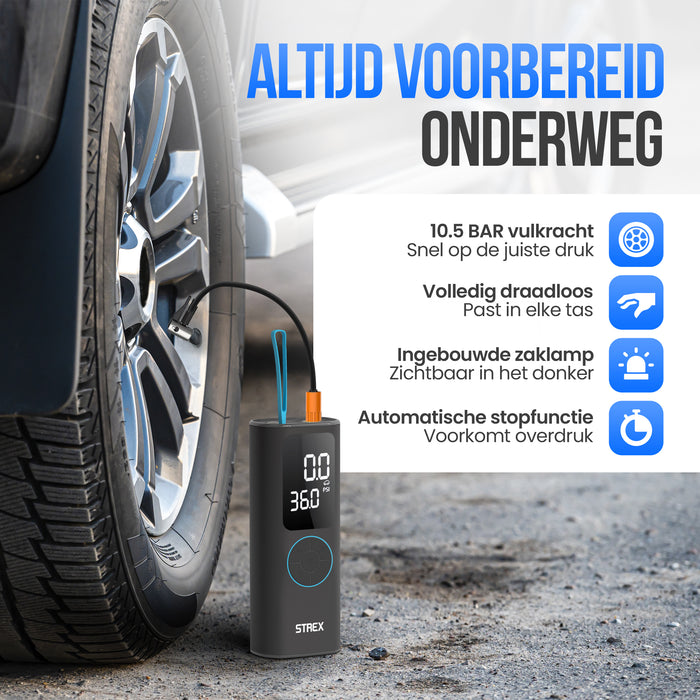Strex Elektrische Bandenpomp - Draadloze Mini Compressor 3-in-1 - Auto, Fiets, Scooter, Bal & Luchtbed - Tot 10,5 bar / 150 PSI - 30L/min - 8000 mAh Powerbank & Zaklamp