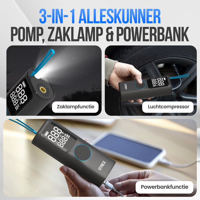 Strex Elektrische Bandenpomp - Draadloze Mini Compressor 3-in-1 - Auto, Fiets, Scooter, Bal & Luchtbed - Tot 10,5 bar / 150 PSI - 30L/min - 8000 mAh Powerbank & Zaklamp