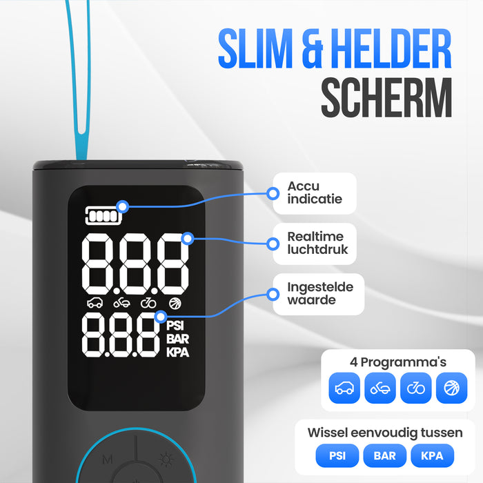 Strex Elektrische Bandenpomp - Draadloze Mini Compressor 3-in-1 - Auto, Fiets, Scooter, Bal & Luchtbed - Tot 10,5 bar / 150 PSI - 30L/min - 8000 mAh Powerbank & Zaklamp
