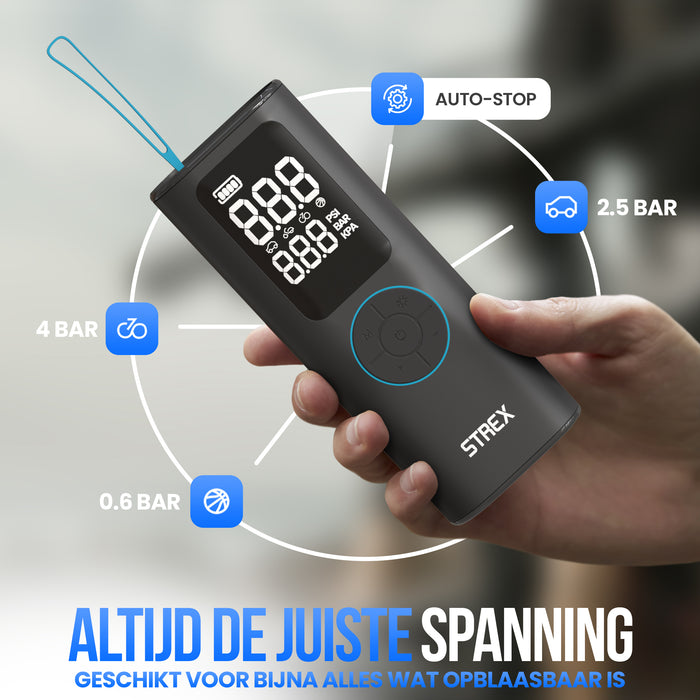 Strex Elektrische Bandenpomp - Draadloze Mini Compressor 3-in-1 - Auto, Fiets, Scooter, Bal & Luchtbed - Tot 10,5 bar / 150 PSI - 30L/min - 8000 mAh Powerbank & Zaklamp