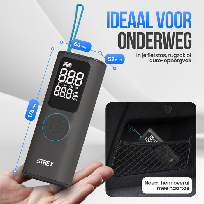 Strex Elektrische Bandenpomp - Draadloze Mini Compressor 3-in-1 - Auto, Fiets, Scooter, Bal & Luchtbed - Tot 10,5 bar / 150 PSI - 30L/min - 8000 mAh Powerbank & Zaklamp