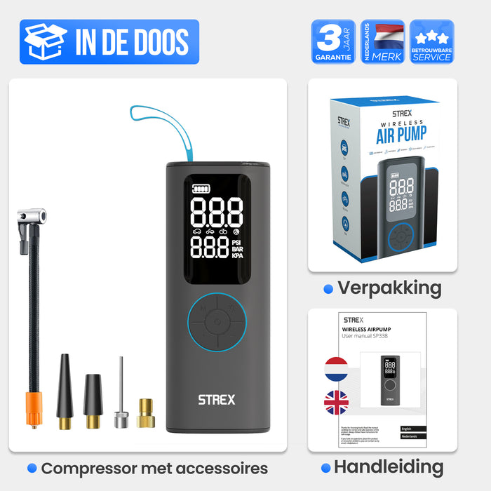 Strex Elektrische Bandenpomp - Draadloze Mini Compressor 3-in-1 - Auto, Fiets, Scooter, Bal & Luchtbed - Tot 10,5 bar / 150 PSI - 30L/min - 8000 mAh Powerbank & Zaklamp