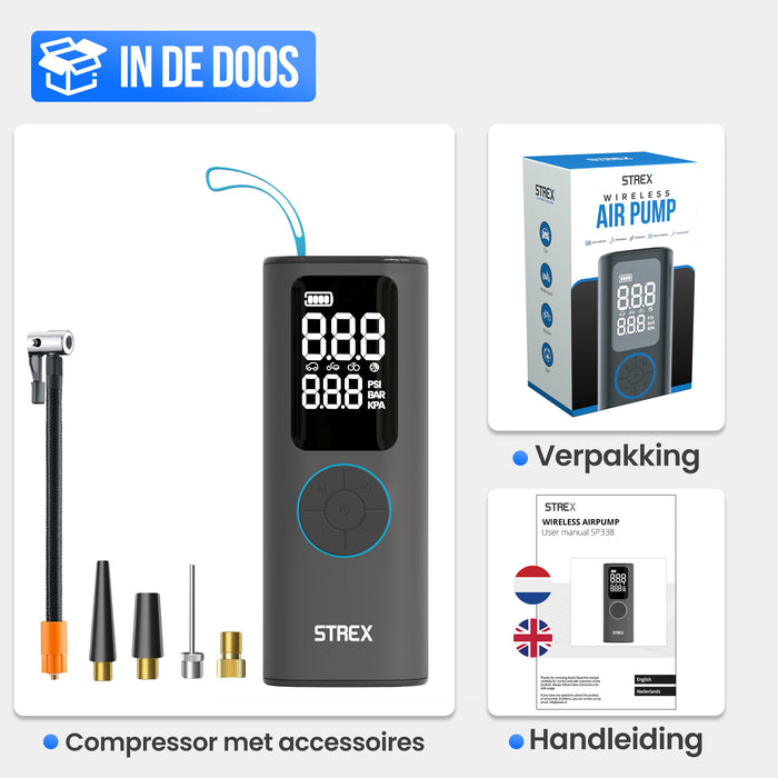 Strex Elektrische Bandenpomp - Draadloze Mini Compressor 3-in-1 - Auto, Fiets, Scooter, Bal & Luchtbed - Tot 10,5 bar / 150 PSI - 30L/min - 8000 mAh Powerbank & Zaklamp