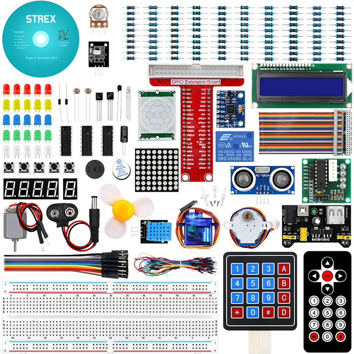 Strex Starter Kit geschikt voor Raspberry Pi - 189 Delig - Pi3 & Pi4 - GPIO / Afstandsbediening / Motor / LCD Display / Relais / Keypad / Bewegingssensor en meer! - DVD met Handleidingen - In Plastic Opbergdoos