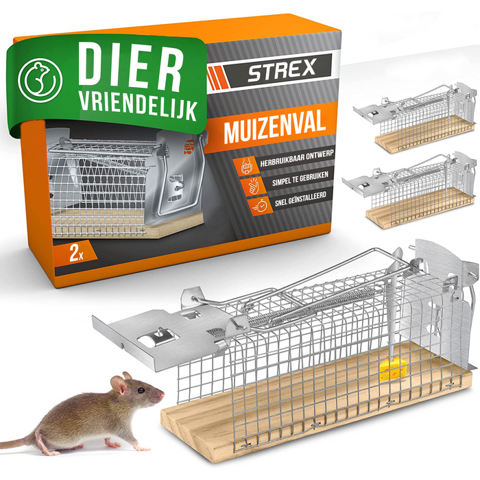 Strex Muizenval voor Binnen en Buiten - Diervriendelijk - Levende Val - 2 Stuks