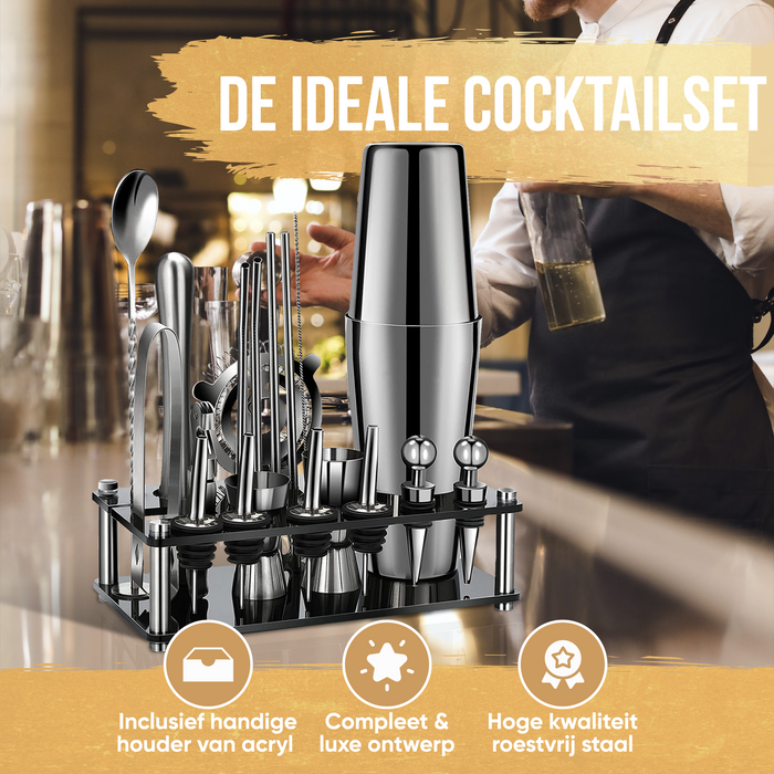 Strex Cocktail Set Zilver RVS 21 Delig (750ml) - Incl. NL Receptenboek - Cocktail Shaker - Cadeauverpakking