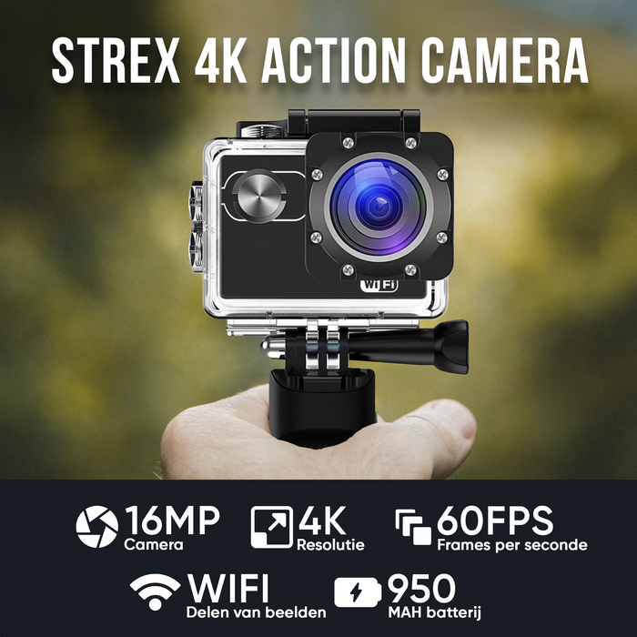 Strex Action Camera 4K 16MP - 60FPS / 30M Waterdicht / WiFi - Inclusief Accessoires - Actiecamera - Onderwatercamera