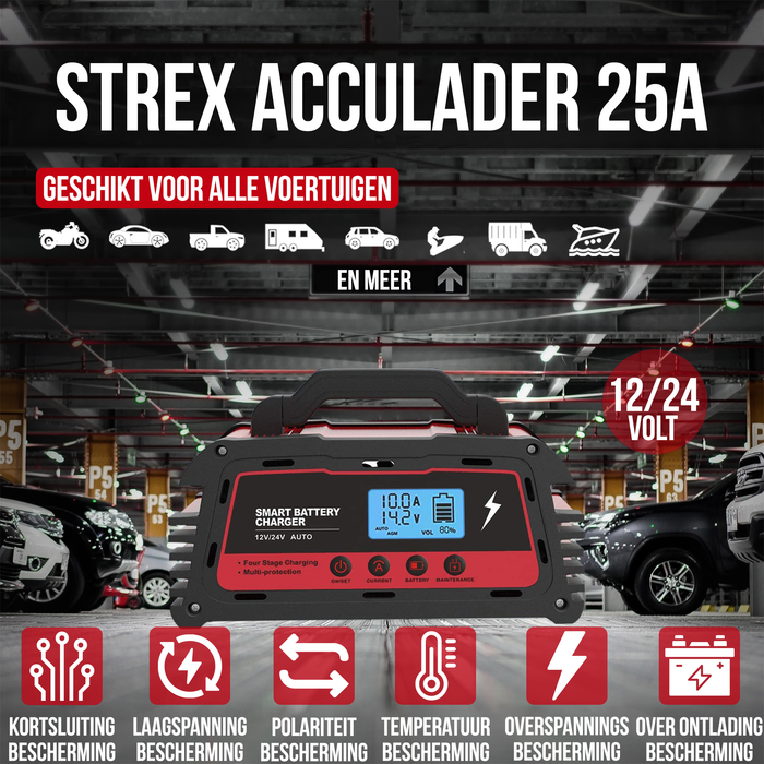 Strex Industriele Acculader - 12/24V 5/10/25A - Reparatiemodus - Druppellader - Accu Lader voor Auto / Motor / Scooter / Boot / Camper