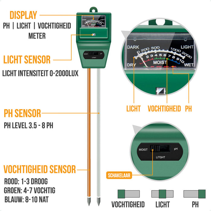 Strex PH Meter Grond - 3-in-1 PH / Vochtigheidsmeter / Lichtmeter - Zwart