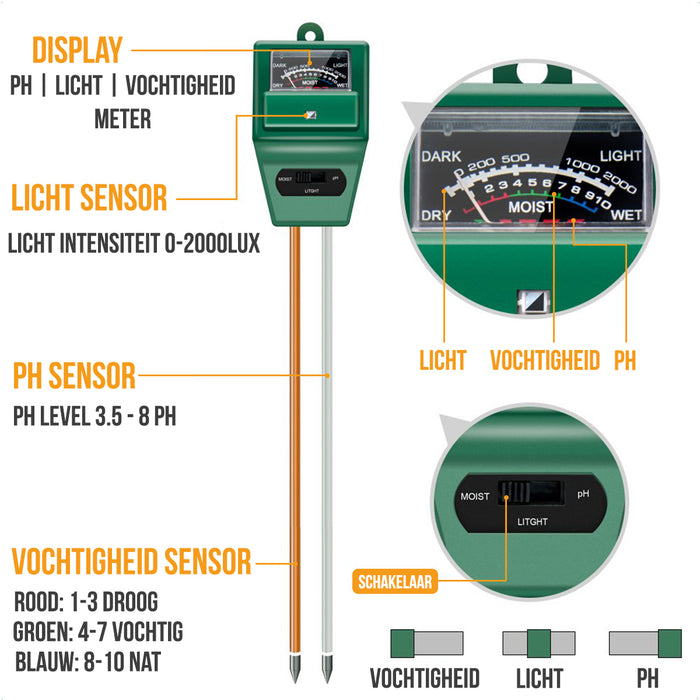 Strex PH Meter Grond - 3-in-1 PH / Vochtigheidsmeter / Lichtmeter - Paars