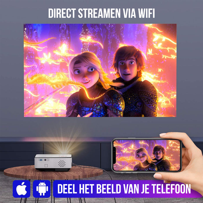 Strex Beamer ANDROID - Input tot Full HD - 7000 Lumen - Streamen Vanaf Je Telefoon Met WiFi - Mini Projector - Incl. 100" Projectiescherm