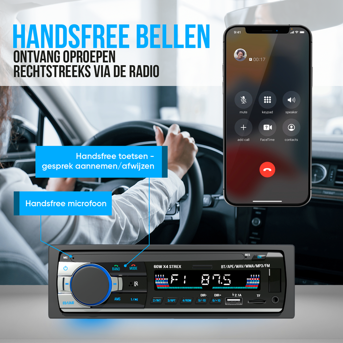 Strex Autoradio met Bluetooth voor alle auto's - USB, AUX en Handsfree - Afstandsbediening - Enkel DIN Auto Radio met Ingebouwde Microfoon