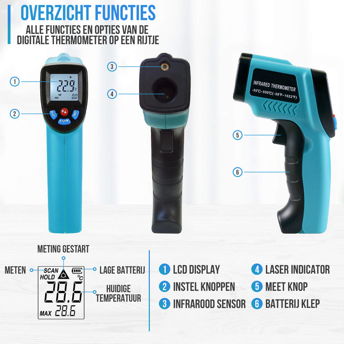 Strex Digitale Infrarood Thermometer - Bereik -50 t/m +550 °C - IR Thermometer - Warmtemeter