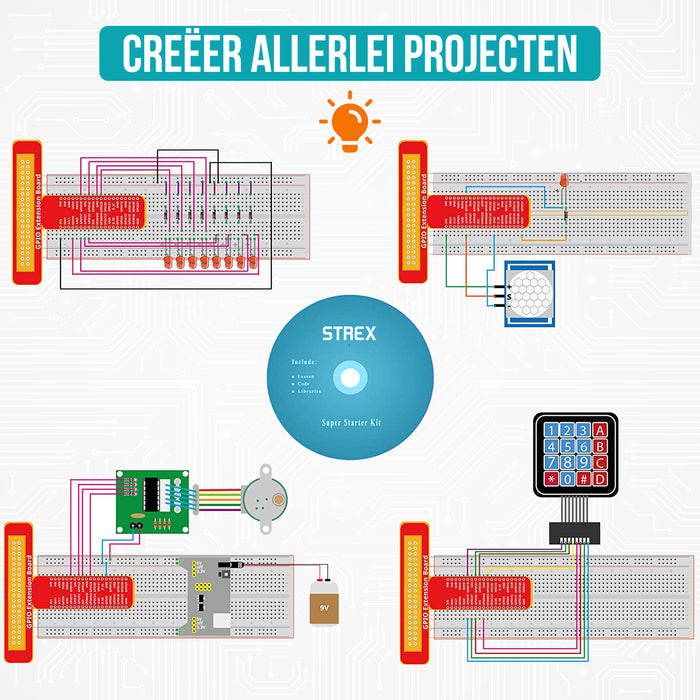 Strex Starter Kit geschikt voor Raspberry Pi - 189 Delig - Pi3 & Pi4 - GPIO / Afstandsbediening / Motor / LCD Display / Relais / Keypad / Bewegingssensor en meer! - DVD met Handleidingen - In Plastic Opbergdoos