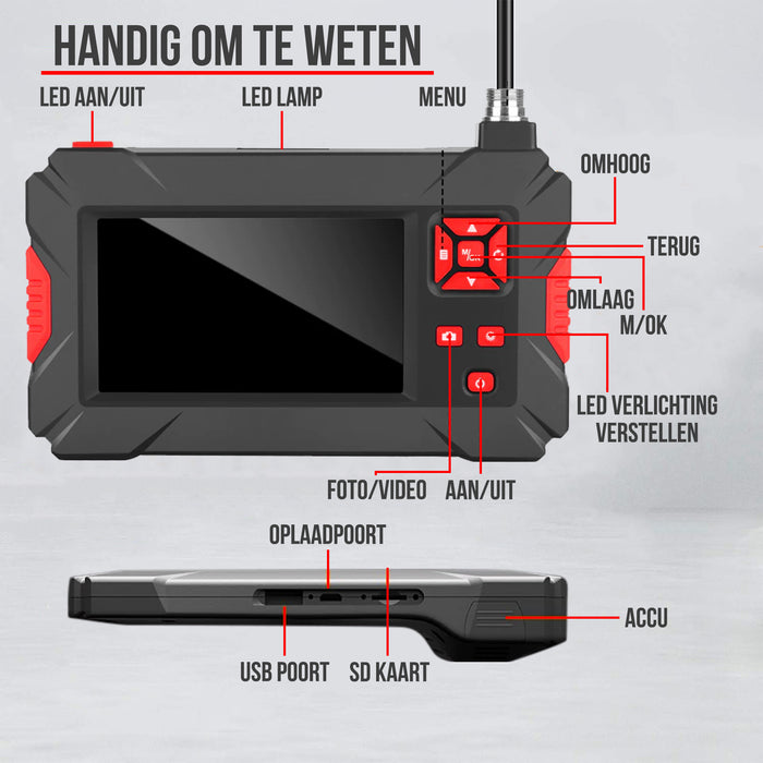 Strex Industriele Inspectiecamera Dual Lens met Scherm 5M - 1080P HD - 4.3 inch LCD scherm - IP68 Waterdicht - LED Verlichting - Endoscoop - Inspectie Camera