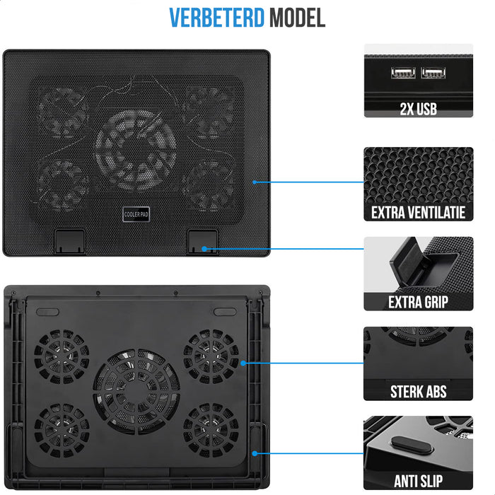 Strex Laptop Cooler - 12" - 17 Inch - Verstelbaar - 5 Ventilators - Laptop Koeler - Cooling Pad