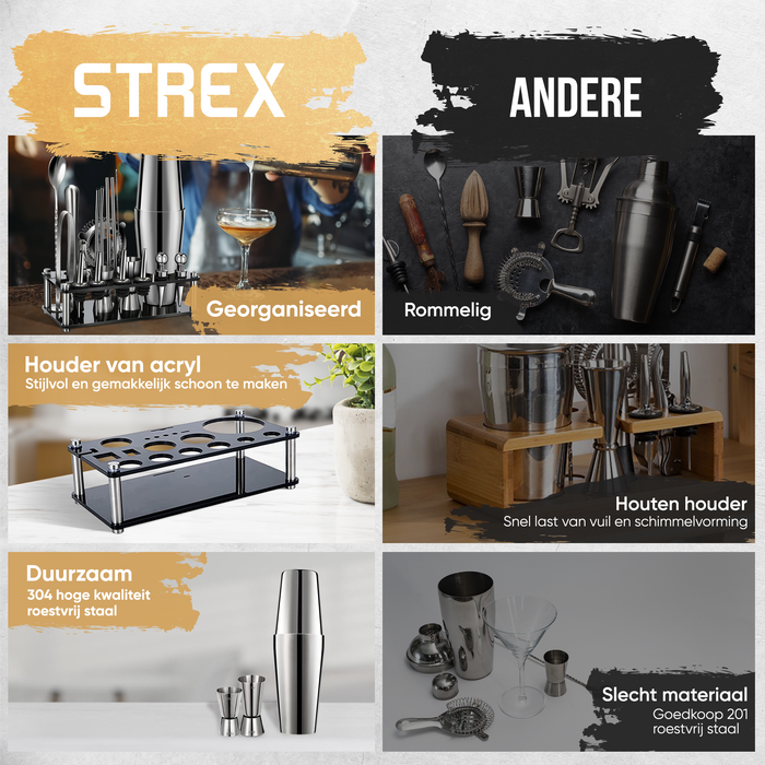 Strex Cocktail Set Zilver RVS 21 Delig (750ml) - Incl. NL Receptenboek - Cocktail Shaker - Cadeauverpakking