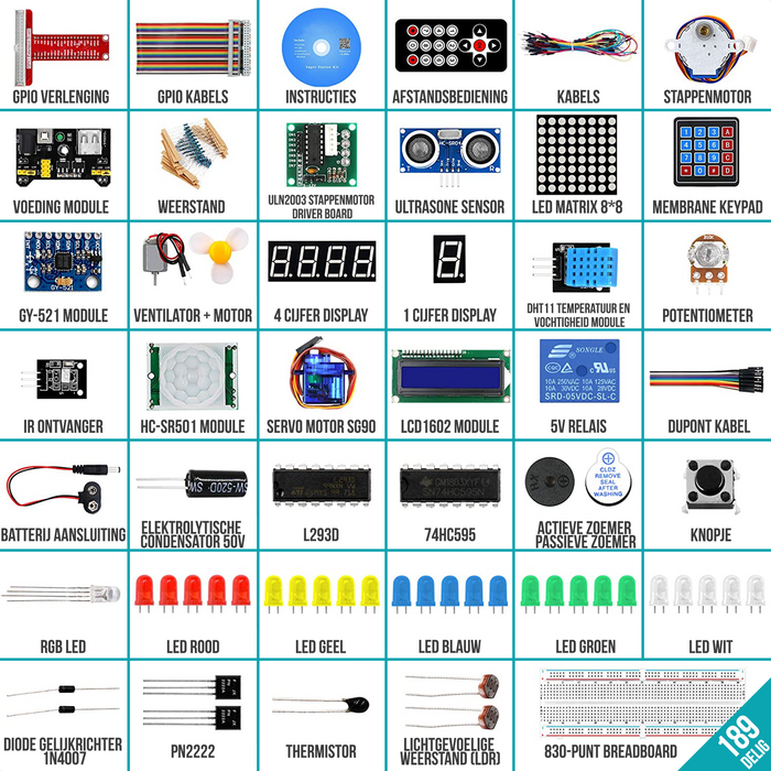 Strex Starter Kit geschikt voor Raspberry Pi - 189 Delig - Pi3 & Pi4 - GPIO / Afstandsbediening / Motor / LCD Display / Relais / Keypad / Bewegingssensor en meer! - DVD met Handleidingen - In Plastic Opbergdoos