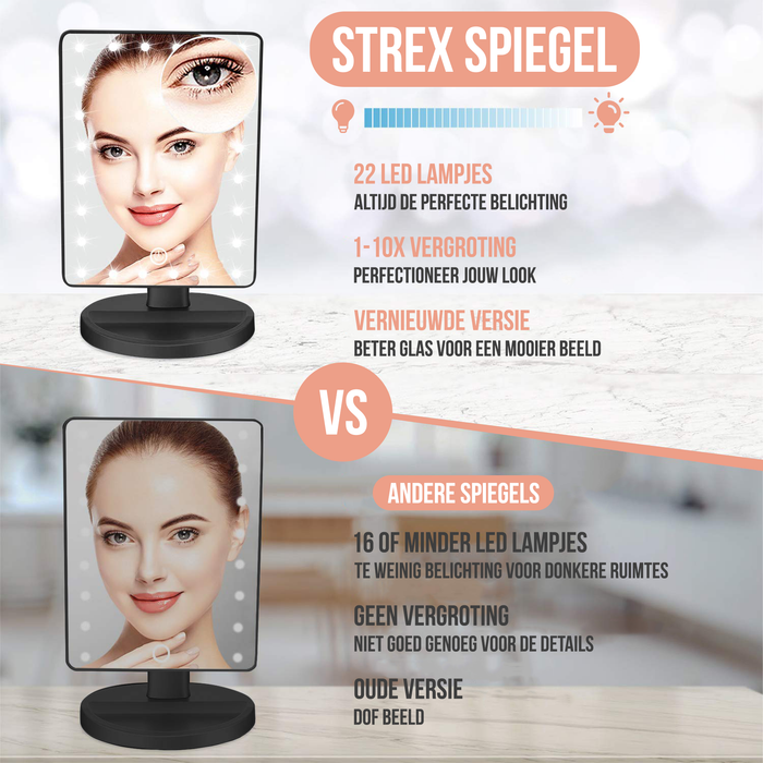 Strex Make Up Spiegel met LED verlichting - 3 Verlichtingsmodus - 1/10x Vergroting - 360° Verstelbaar