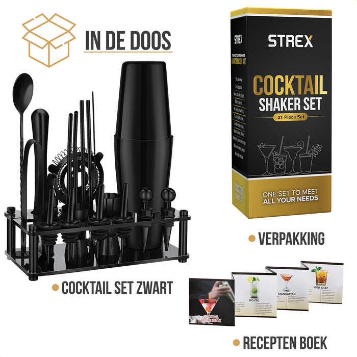 Strex Cocktail Set Zwart RVS 21 Delig (750ml) - Incl. NL Receptenboek - Cocktail Shaker - Cadeauverpakking