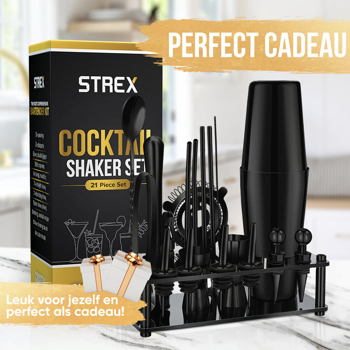 Strex Cocktail Set Zwart RVS 21 Delig (750ml) - Incl. NL Receptenboek - Cocktail Shaker - Cadeauverpakking