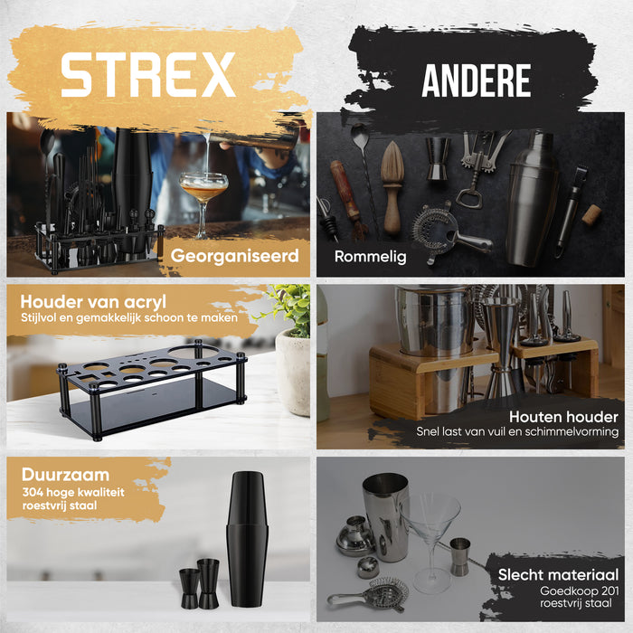 Strex Cocktail Set Zwart RVS 21 Delig (750ml) - Incl. NL Receptenboek - Cocktail Shaker - Cadeauverpakking